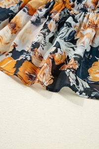 Navy and Orange Floral Off Shoulder Bell Sleeve Smocked Peplum Blouse