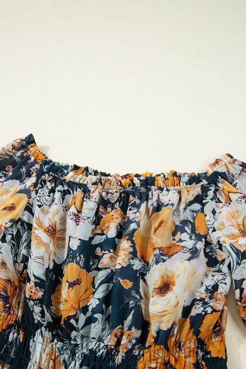 Navy and Orange Floral Off Shoulder Bell Sleeve Smocked Peplum Blouse