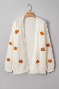 Cream Pumpkin Applique Open Front Drop Shoulder Long Cardigan