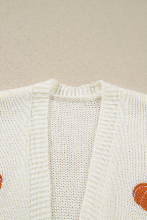 Cream Pumpkin Applique Open Front Drop Shoulder Long Cardigan