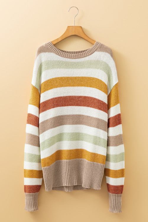 Tan Rust and Sage Stripe Drop Shoulder Crew Neck Sweater