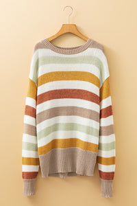 Tan Rust and Sage Stripe Drop Shoulder Crew Neck Sweater