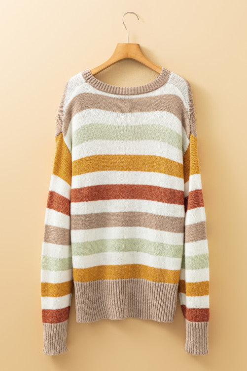 Tan Rust and Sage Stripe Drop Shoulder Crew Neck Sweater