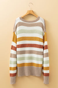 Tan Rust and Sage Stripe Drop Shoulder Crew Neck Sweater