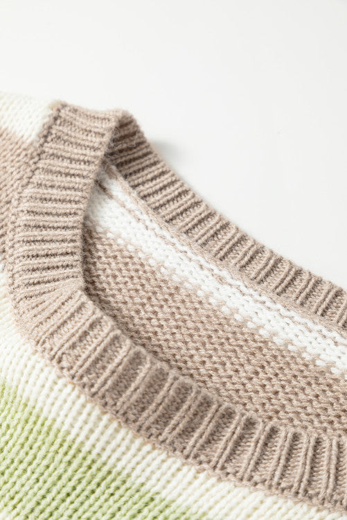 Tan Rust and Sage Stripe Drop Shoulder Crew Neck Sweater