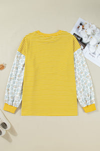 Yellow Stripe and Sage Floral Contrast Long Sleeve Plus Size Top