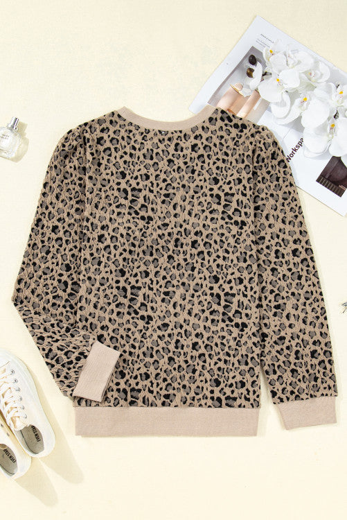 Khaki Leopard Print Textured Plus Size Long Sleeve Top