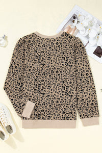 Khaki Leopard Print Textured Plus Size Long Sleeve Top