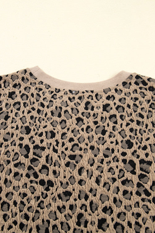 Khaki Leopard Print Textured Plus Size Long Sleeve Top