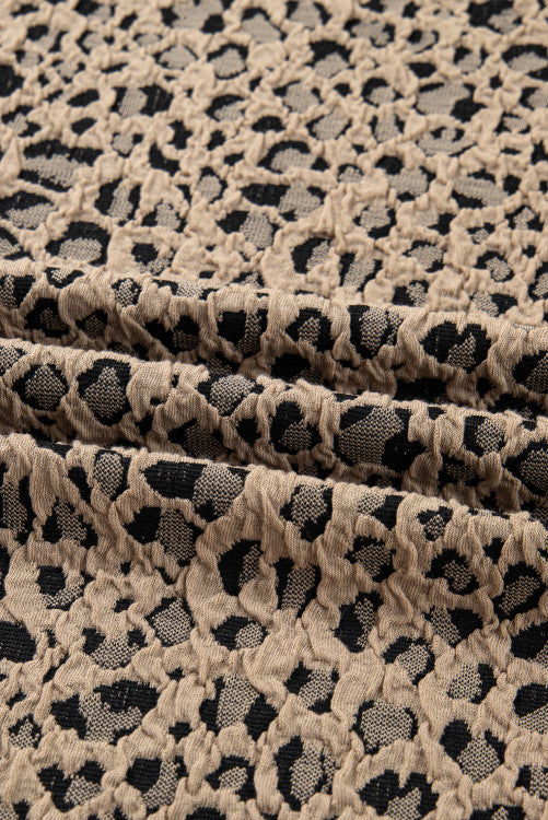 Khaki Leopard Print Textured Plus Size Long Sleeve Top