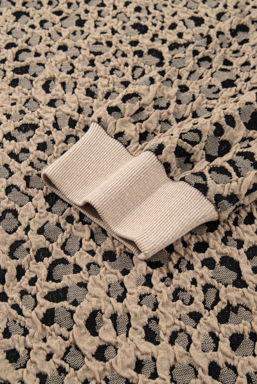 Khaki Leopard Print Textured Plus Size Long Sleeve Top