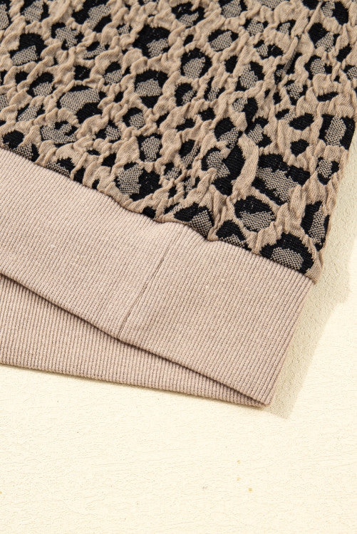 Khaki Leopard Print Textured Plus Size Long Sleeve Top