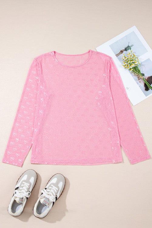 Pink Plus Size Textured Bow Mesh Long Sleeve Top