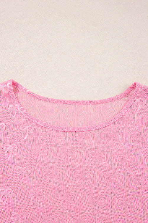 Pink Plus Size Textured Bow Mesh Long Sleeve Top