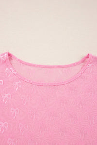 Pink Plus Size Textured Bow Mesh Long Sleeve Top