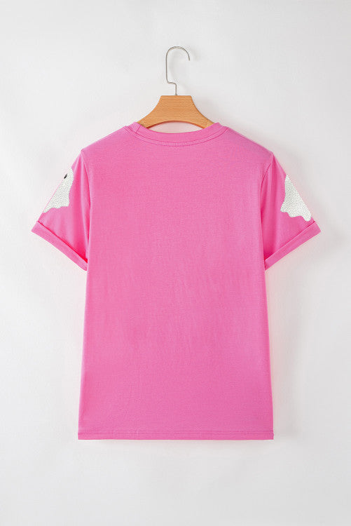 White Sequined Halloween Ghosts Pink Cuffed Sleeve Tee