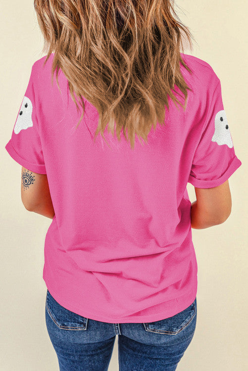 White Sequined Halloween Ghosts Pink Cuffed Sleeve Tee