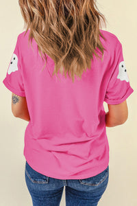 White Sequined Halloween Ghosts Pink Cuffed Sleeve Tee