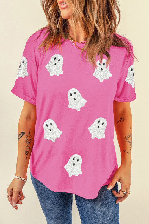 White Sequined Halloween Ghosts Pink Cuffed Sleeve Tee