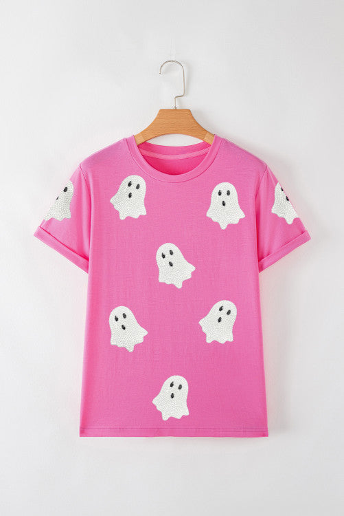 White Sequined Halloween Ghosts Pink Cuffed Sleeve Tee