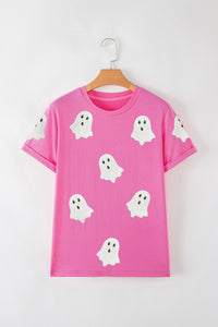 White Sequined Halloween Ghosts Pink Cuffed Sleeve Tee