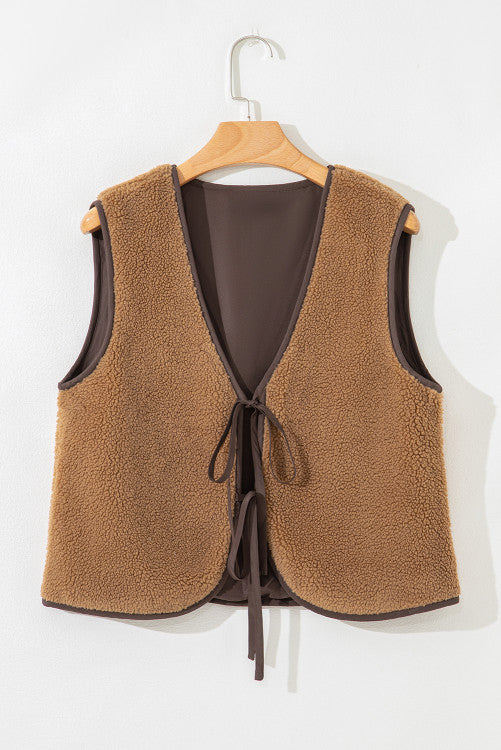 Light Brown Contrast Trim Tie Front Sherpa Vest