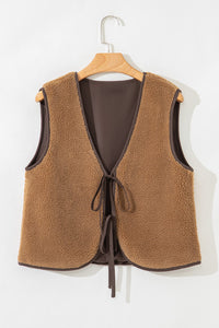 Light Brown Contrast Trim Tie Front Sherpa Vest