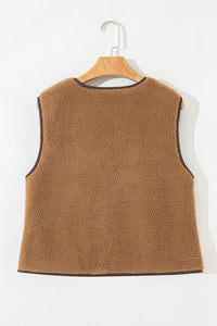 Light Brown Contrast Trim Tie Front Sherpa Vest
