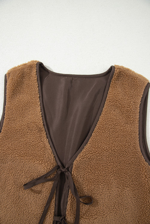 Light Brown Contrast Trim Tie Front Sherpa Vest