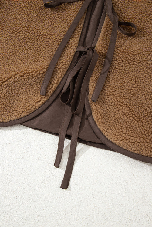 Light Brown Contrast Trim Tie Front Sherpa Vest