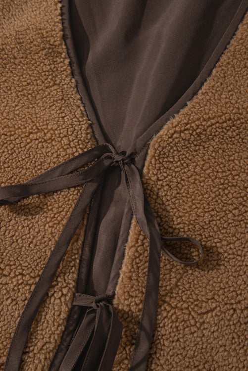 Light Brown Contrast Trim Tie Front Sherpa Vest