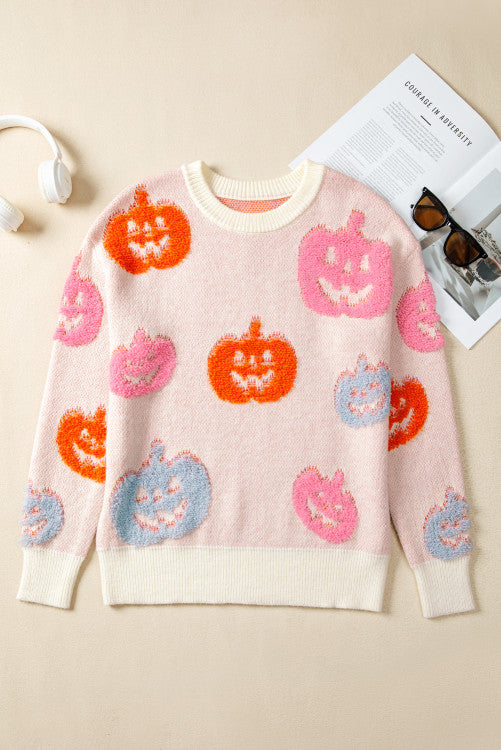 Pink Orange Blue Pumpkin Print Jack-o-lantern Halloween Sweater