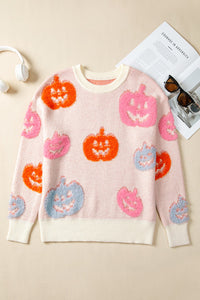 Pink Orange Blue Pumpkin Print Jack-o-lantern Halloween Sweater