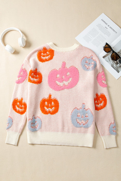 Pink Orange Blue Pumpkin Print Jack-o-lantern Halloween Sweater