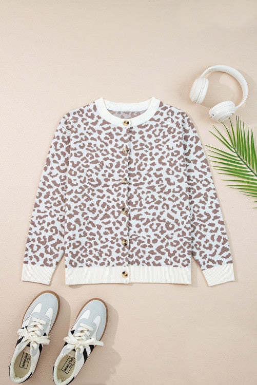 Leopard Print Drop Shoulder Button Down Cardigan Sweater