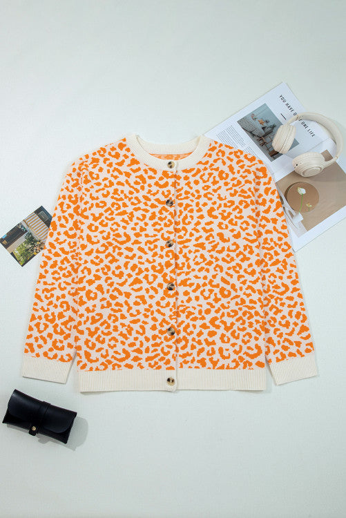 Leopard Print Drop Shoulder Button Down Cardigan Sweater