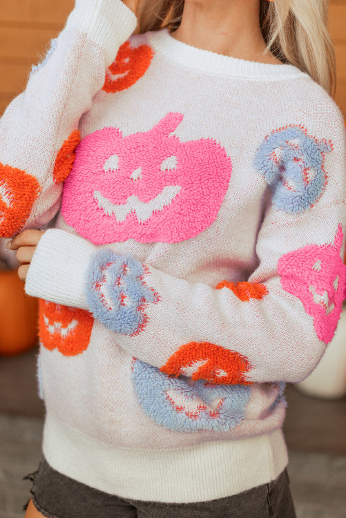 Pink Orange Blue Pumpkin Print Jack-o-lantern Halloween Sweater