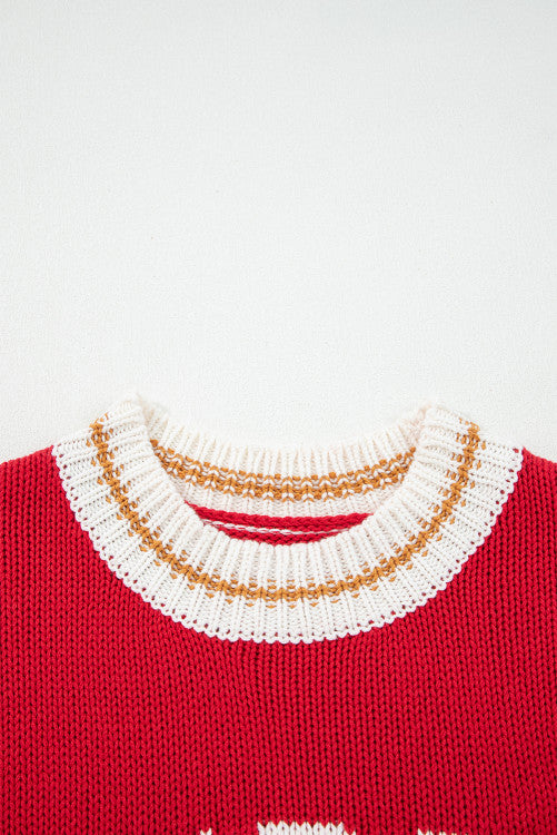 Red MERRY Stripe Trim Drop Shoulder Oversized Sweater
