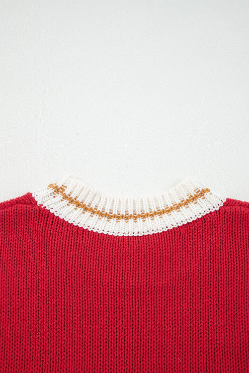 Red MERRY Stripe Trim Drop Shoulder Oversized Sweater