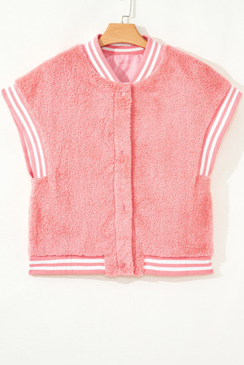 Pink Varsity Stripe Trimmed Oversized Fuzzy Plush Vest