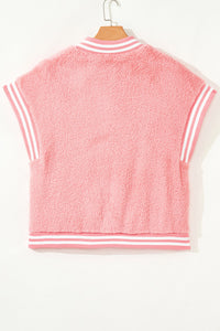 Pink Varsity Stripe Trimmed Oversized Fuzzy Plush Vest