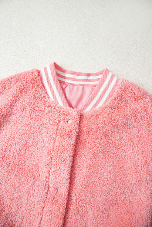 Pink Varsity Stripe Trimmed Oversized Fuzzy Plush Vest