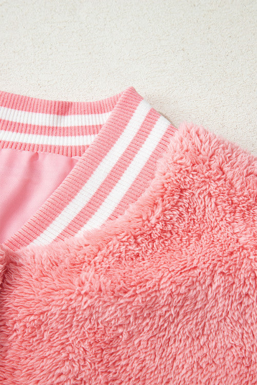 Pink Varsity Stripe Trimmed Oversized Fuzzy Plush Vest