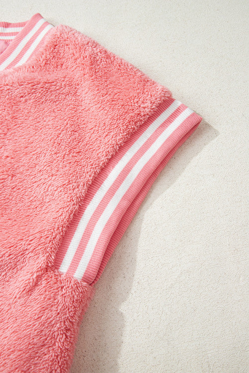 Pink Varsity Stripe Trimmed Oversized Fuzzy Plush Vest