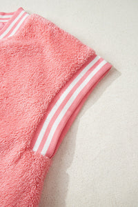 Pink Varsity Stripe Trimmed Oversized Fuzzy Plush Vest