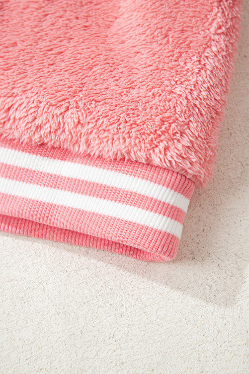 Pink Varsity Stripe Trimmed Oversized Fuzzy Plush Vest
