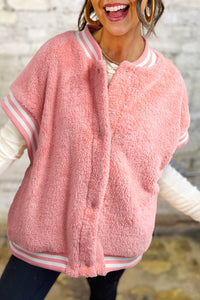 Pink Varsity Stripe Trimmed Oversized Fuzzy Plush Vest