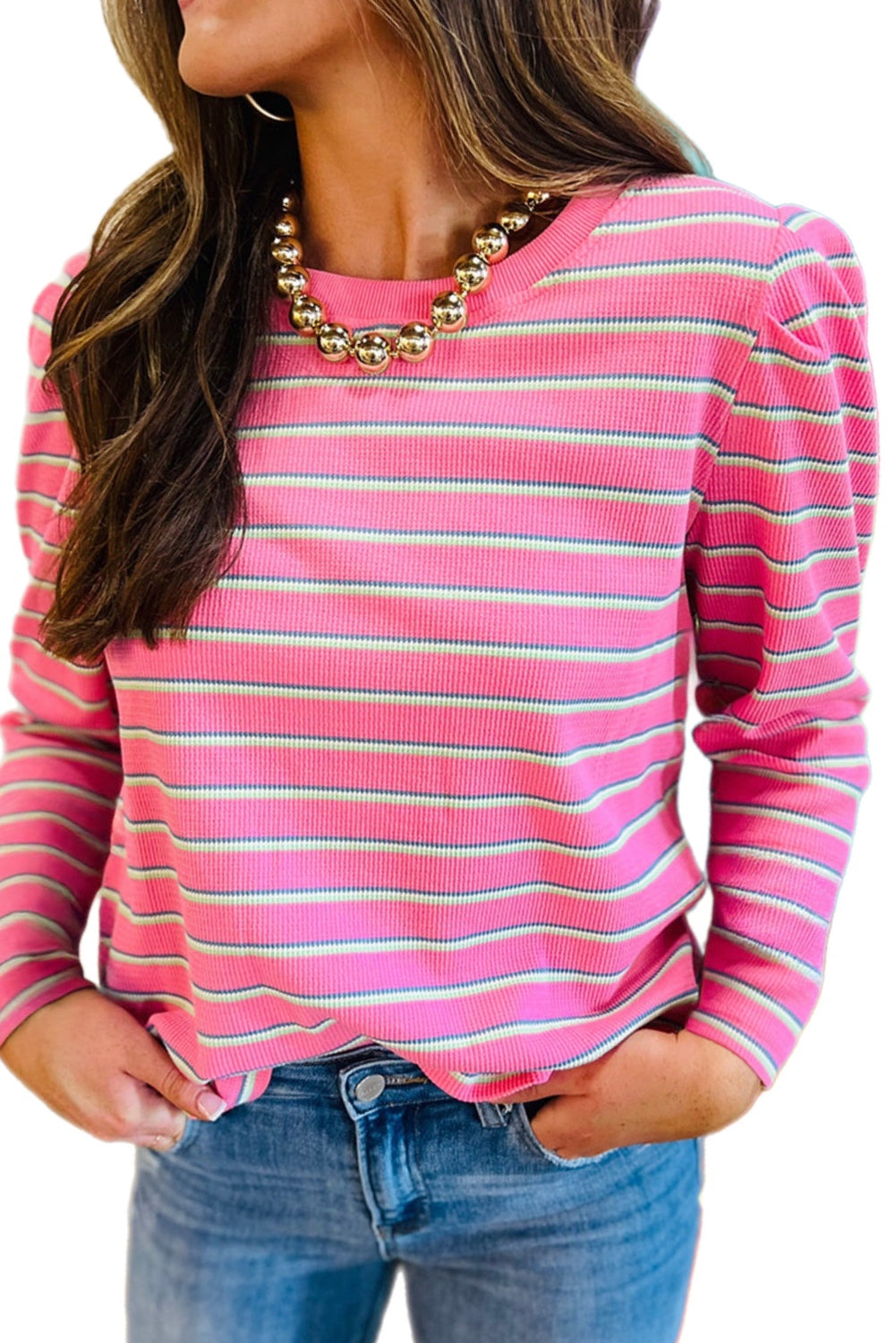 Pink Stripe Thermal Crew Neck Puckered Long Sleeve Top