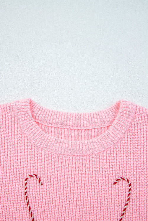 Pink Merry Candy Cane Crew Neck Knit Sweater