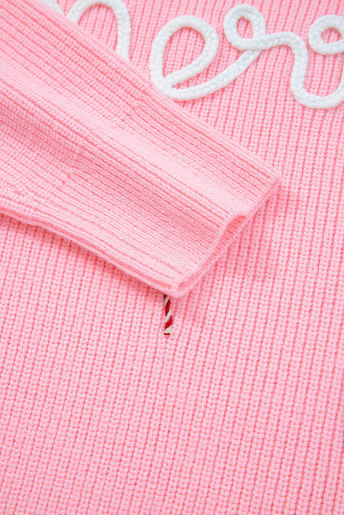 Pink Merry Candy Cane Crew Neck Knit Sweater